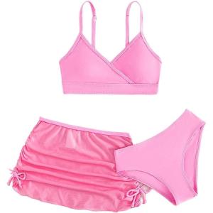 imageVerdusa Girls 3 Piece Bikini Swimwear Cute Swimsuits Bathing Suit High Waisted with Cover Up Beach SkirtPink