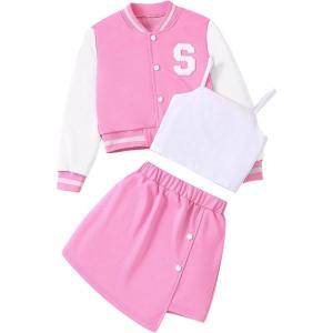 imageVerdusa Girls 3 Piece Outfit Letter Graphic Bomber Jacket Cami Top and Skirt SetsLight Pink and White