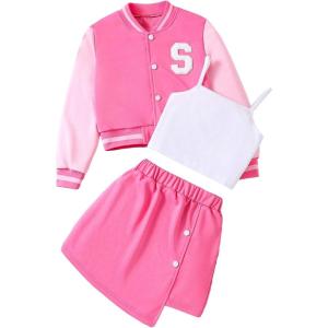 imageVerdusa Girls 3 Piece Outfit Letter Graphic Bomber Jacket Cami Top and Skirt SetsPink and White