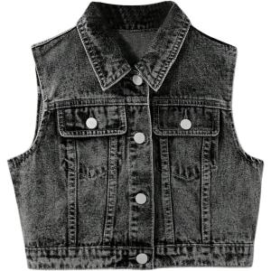 imageVerdusa Girls Denim Vest Button Down Fashion Sleeveless Jean Jacket Cute Crop TopsBlack