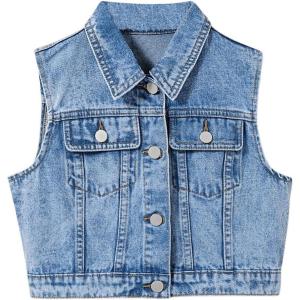 imageVerdusa Girls Denim Vest Button Down Fashion Sleeveless Jean Jacket Cute Crop TopsBlue