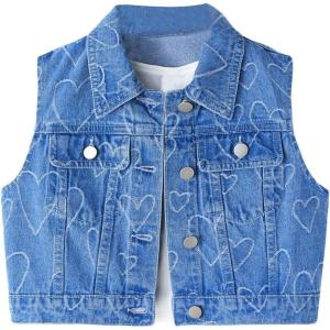 imageVerdusa Girls Denim Vest Button Down Fashion Sleeveless Jean Jacket Cute Crop TopsHeart Blue