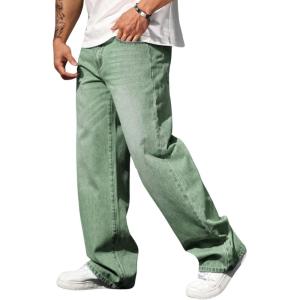 imageVerdusa Mens High Waist Loose Jeans Baggy Straight Leg Denim Pants TrousersGreen