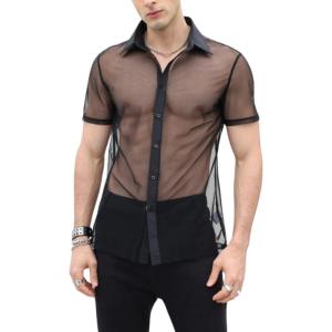 imageVerdusa Mens Sheer Mesh Button Up Shirt See Through Short Sleeve TopBlack