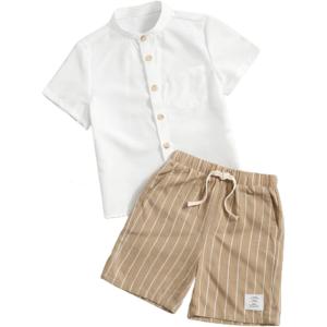 imageVerdusa Toddler Boys 2 Piece Outfits Linen Set Striped Short Sets Button Up Shirt and Shorts Clothes SetsMulticolor