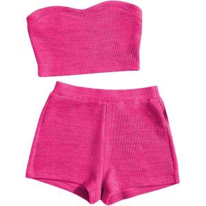 imageVerdusa Womens 2 Piece Outfit Ribbed Crop Bandeau Tube Top and Biker Track Shorts SetsHot Pink