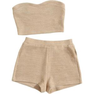 imageVerdusa Womens 2 Piece Outfit Ribbed Crop Bandeau Tube Top and Biker Track Shorts SetsKhaki