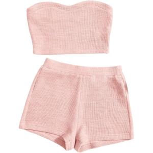 imageVerdusa Womens 2 Piece Outfit Ribbed Crop Bandeau Tube Top and Biker Track Shorts SetsLight Pink