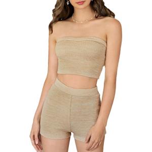 imageVerdusa Womens 2 Piece Outfit Ribbed Crop Bandeau Tube Top and Biker Track Shorts SetsMedium Beige