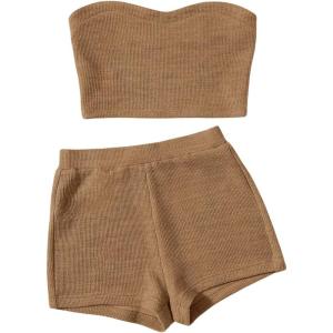 imageVerdusa Womens 2 Piece Outfit Ribbed Crop Bandeau Tube Top and Biker Track Shorts SetsMocha Brown
