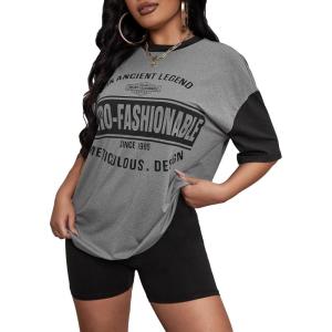 imageVerdusa Womens Casual Short Sleeve Colorblock Oversized Round Neck Tee Shirt TopsGrey Letter