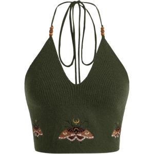 imageVerdusa Womens Crop Halter Tops Y2k Goth Clothes Crochet Cami Sleeveless Tie Backless Boho Knit Top CamisoleArmy Green