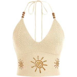 imageVerdusa Womens Crop Halter Tops Y2k Goth Clothes Crochet Cami Sleeveless Tie Backless Boho Knit Top CamisoleBeige