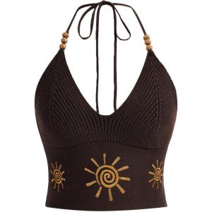 imageVerdusa Womens Crop Halter Tops Y2k Goth Clothes Crochet Cami Sleeveless Tie Backless Boho Knit Top CamisoleBrown