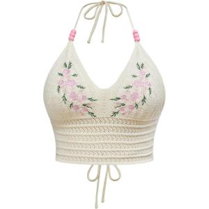 imageVerdusa Womens Crop Halter Tops Y2k Goth Clothes Crochet Cami Sleeveless Tie Backless Boho Knit Top CamisoleFloral Beige
