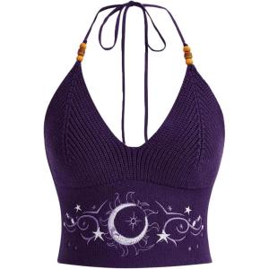 imageVerdusa Womens Crop Halter Tops Y2k Goth Clothes Crochet Cami Sleeveless Tie Backless Boho Knit Top CamisolePurple