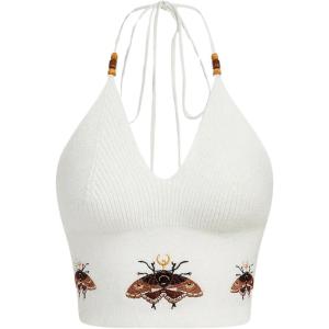 imageVerdusa Womens Crop Halter Tops Y2k Goth Clothes Crochet Cami Sleeveless Tie Backless Boho Knit Top CamisoleWhite