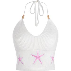 imageVerdusa Womens Crop Halter Tops Y2k Goth Clothes Crochet Cami Sleeveless Tie Backless Boho Knit Top CamisoleWhite Pink