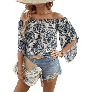 imageVerdusa Womens Off Shoulder Shirred Half Sleeve Loose Striped Blouse Shirt TopBlue