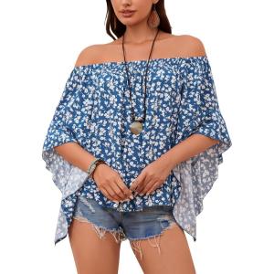 imageVerdusa Womens Off Shoulder Shirred Half Sleeve Loose Striped Blouse Shirt TopBlue Floral