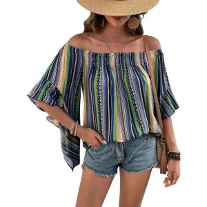 imageVerdusa Womens Off Shoulder Shirred Half Sleeve Loose Striped Blouse Shirt TopBlue Multi