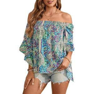 imageVerdusa Womens Off Shoulder Shirred Half Sleeve Loose Striped Blouse Shirt TopBlue Paisley