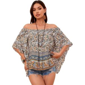 imageVerdusa Womens Off Shoulder Shirred Half Sleeve Loose Striped Blouse Shirt TopBrown Multi