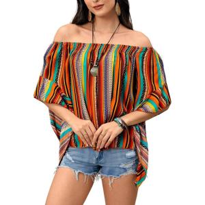 imageVerdusa Womens Off Shoulder Shirred Half Sleeve Loose Striped Blouse Shirt TopDark Multicolor
