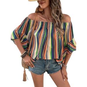imageVerdusa Womens Off Shoulder Shirred Half Sleeve Loose Striped Blouse Shirt TopGreen Multi