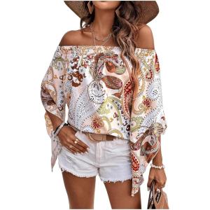 imageVerdusa Womens Off Shoulder Shirred Half Sleeve Loose Striped Blouse Shirt TopMulti White
