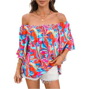 imageVerdusa Womens Off Shoulder Shirred Half Sleeve Loose Striped Blouse Shirt TopOrange and Blue