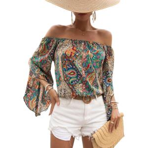 imageVerdusa Womens Off Shoulder Shirred Half Sleeve Loose Striped Blouse Shirt TopPaisley Green