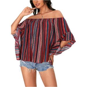 imageVerdusa Womens Off Shoulder Shirred Half Sleeve Loose Striped Blouse Shirt TopRed