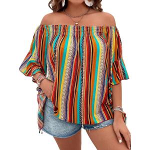 imageVerdusa Womens Off Shoulder Shirred Half Sleeve Loose Striped Blouse Shirt TopStripes Orange