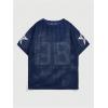 imageVerdusa Mens Jersey Shirt Crochet Tops Short Sleeve Letter Print Vintage Lightweight Pullover SweaterDark Blue