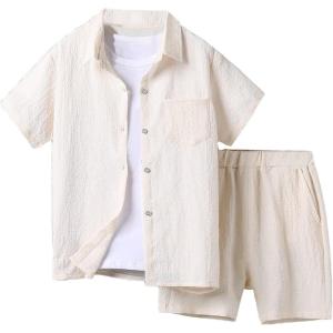 imageVerdusa Boys 2 Piece Outfit Linen Set Vacation Short Sets Button Down Shirt and Elastic Waist Shorts Casual ClothesApricot