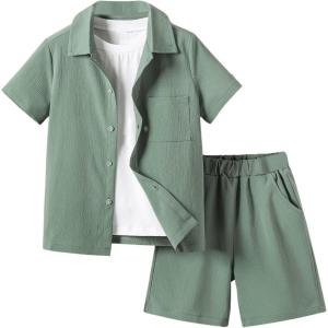 imageVerdusa Boys 2 Piece Outfit Linen Set Vacation Short Sets Button Down Shirt and Elastic Waist Shorts Casual ClothesDark Green