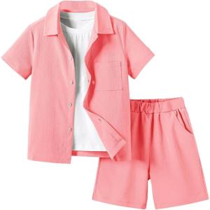 imageVerdusa Boys 2 Piece Outfit Linen Set Vacation Short Sets Button Down Shirt and Elastic Waist Shorts Casual ClothesLight Pink
