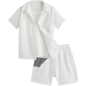 imageVerdusa Boys 2 Piece Outfit Linen Set Vacation Short Sets Button Down Shirt and Elastic Waist Shorts Casual ClothesWhite