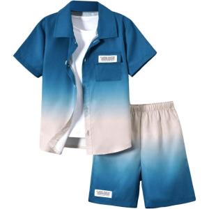 imageVerdusa Boys 2 Piece Outfits Ombre Short Sleeve Button Up Shirts and Elastic Waist Shorts SetBlue