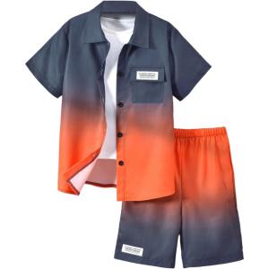 imageVerdusa Boys 2 Piece Outfits Ombre Short Sleeve Button Up Shirts and Elastic Waist Shorts SetOrange