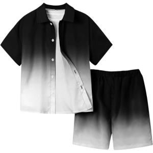 imageVerdusa Boys 2 Piece Outfits Ombre Short Sleeve Button Up Shirts and Elastic Waist Shorts SetSolid Black