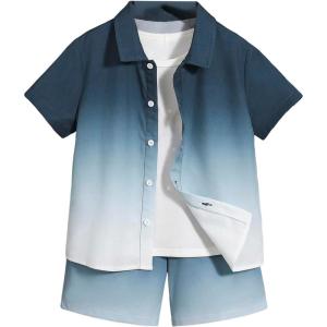 imageVerdusa Boys 2 Piece Outfits Ombre Short Sleeve Button Up Shirts and Elastic Waist Shorts SetSolid Blue