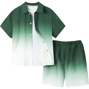 imageVerdusa Boys 2 Piece Outfits Ombre Short Sleeve Button Up Shirts and Elastic Waist Shorts SetSolid Green