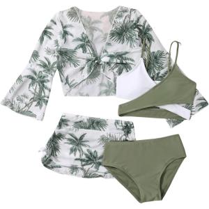 imageVerdusa Girls 4 Piece Swimwear Crisscross Bikini Sets with Tropical Print Cover UpGreen White