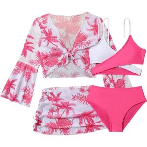 imageVerdusa Girls 4 Piece Swimwear Crisscross Bikini Sets with Tropical Print Cover UpHot Pink