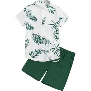imageVerdusa Mens 2 Piece Outfit Colorblock Button Up Shirt and Drawstring Waist Shorts SetsDark Green