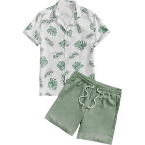 imageVerdusa Mens 2 Piece Outfit Colorblock Button Up Shirt and Drawstring Waist Shorts SetsGreen