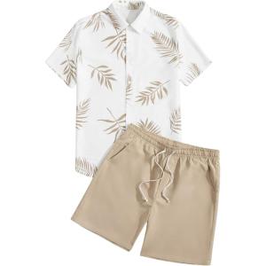 imageVerdusa Mens 2 Piece Outfit Colorblock Button Up Shirt and Drawstring Waist Shorts SetsKhaki