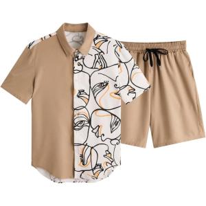 imageVerdusa Mens 2 Piece Outfit Colorblock Button Up Shirt and Drawstring Waist Shorts SetsMulticolor Khaki